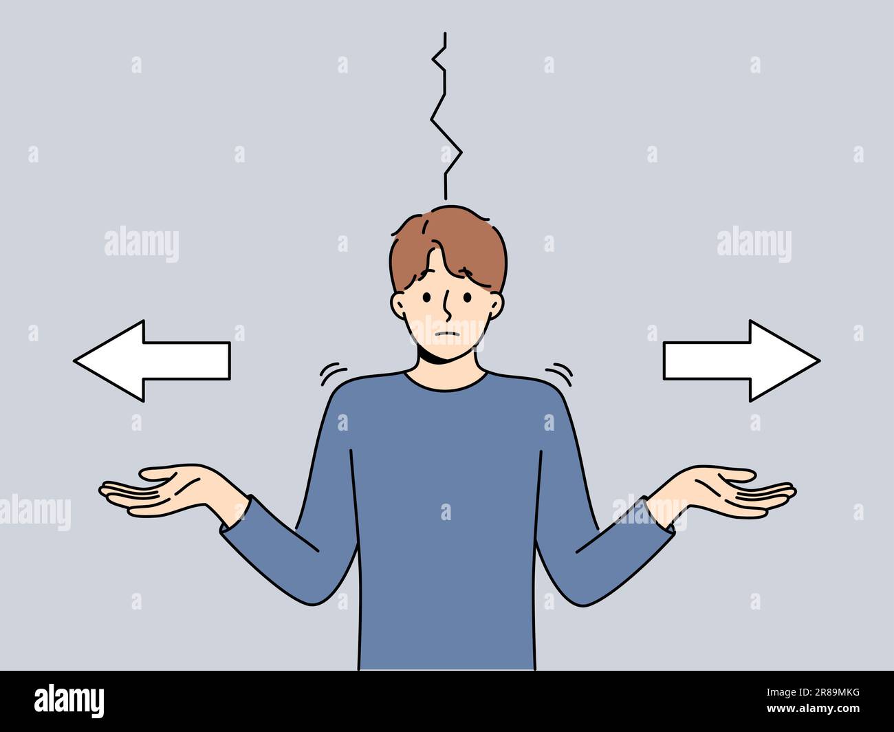L'uomo perplesso non può prendere decisioni e diffonde le mani in piedi accanto a frecce che puntano in direzioni diverse. Un ragazzo perplesso deve affrontare scelte difficili e si allontana dalle spalle per chiedere aiuto Illustrazione Vettoriale