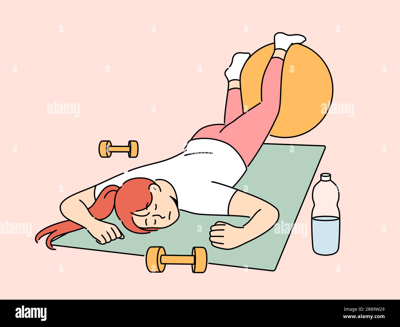 Una donna esausta nella sala fitness si è addormentata sul tappetino per lo yoga sportivo e ha bisogno di riposarsi dopo l'allenamento. La ragazza pigra dorme nel fitness club, non vuole fare atletica e ascoltare i consigli del personal trainer Illustrazione Vettoriale