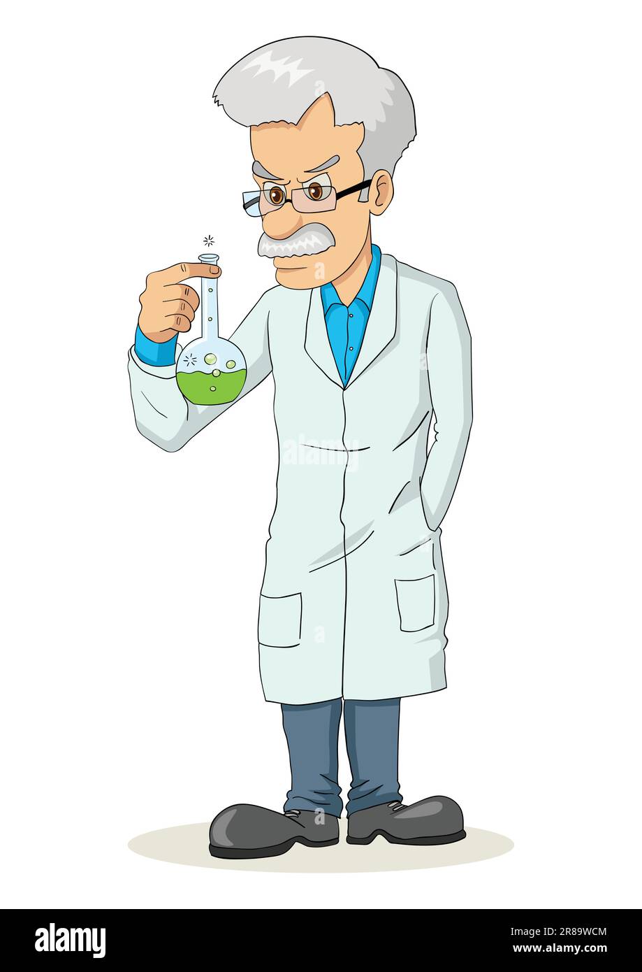 Illustrazione cartoon di un professore che tiene una provetta da laboratorio Illustrazione Vettoriale