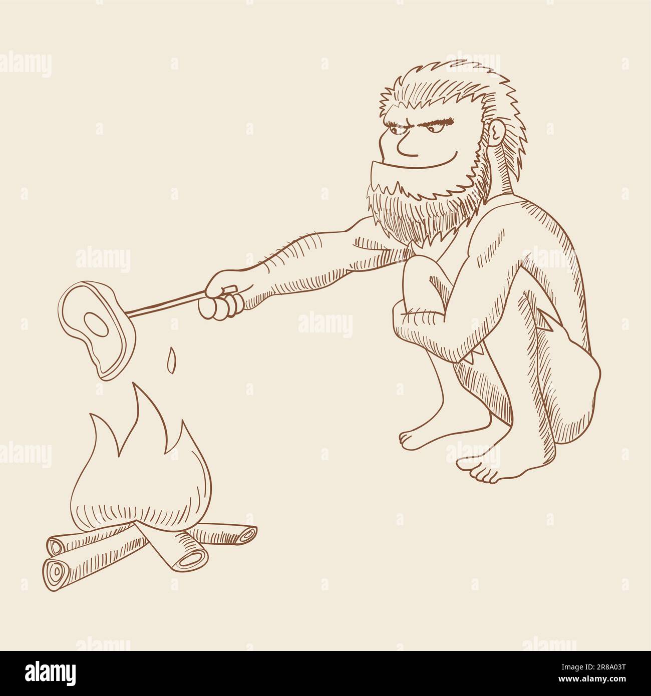 Illustrazione d'arte di linea di un caveman che cucina carne sul fuoco Illustrazione Vettoriale
