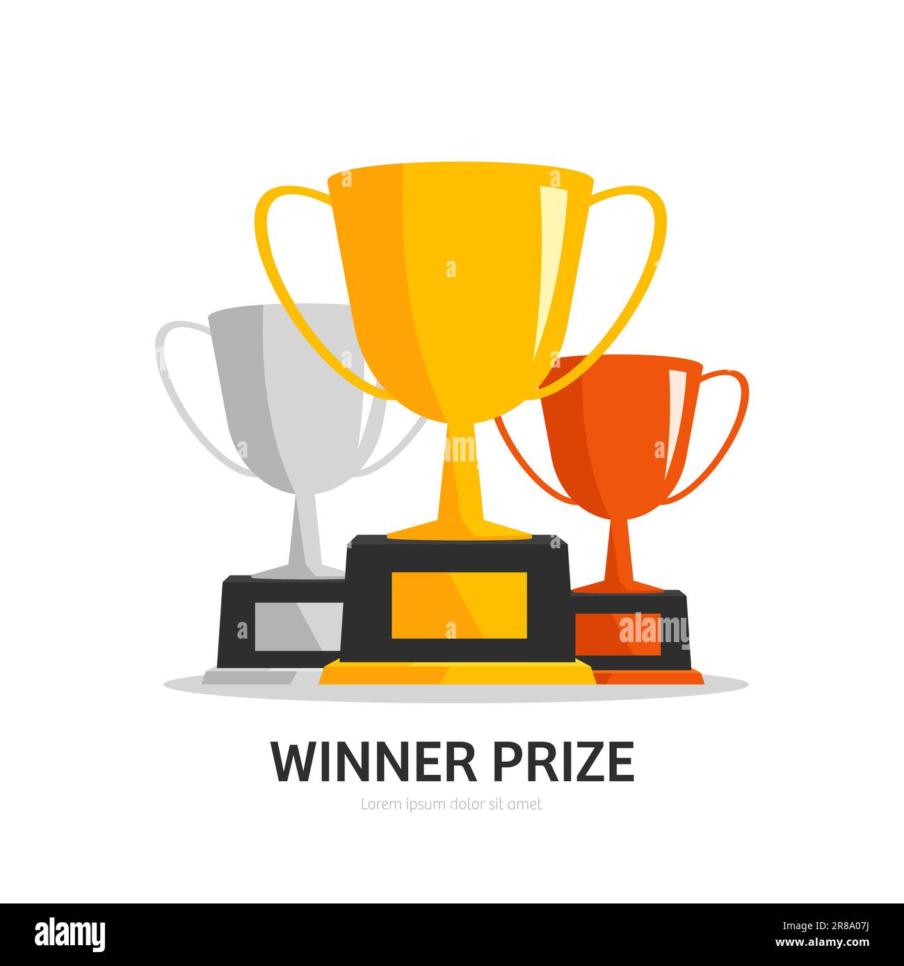 Podio dei vincitori con coppe trofei isolate su bianco. Premiazione del premio vettoriale. Illustrazione Vettoriale