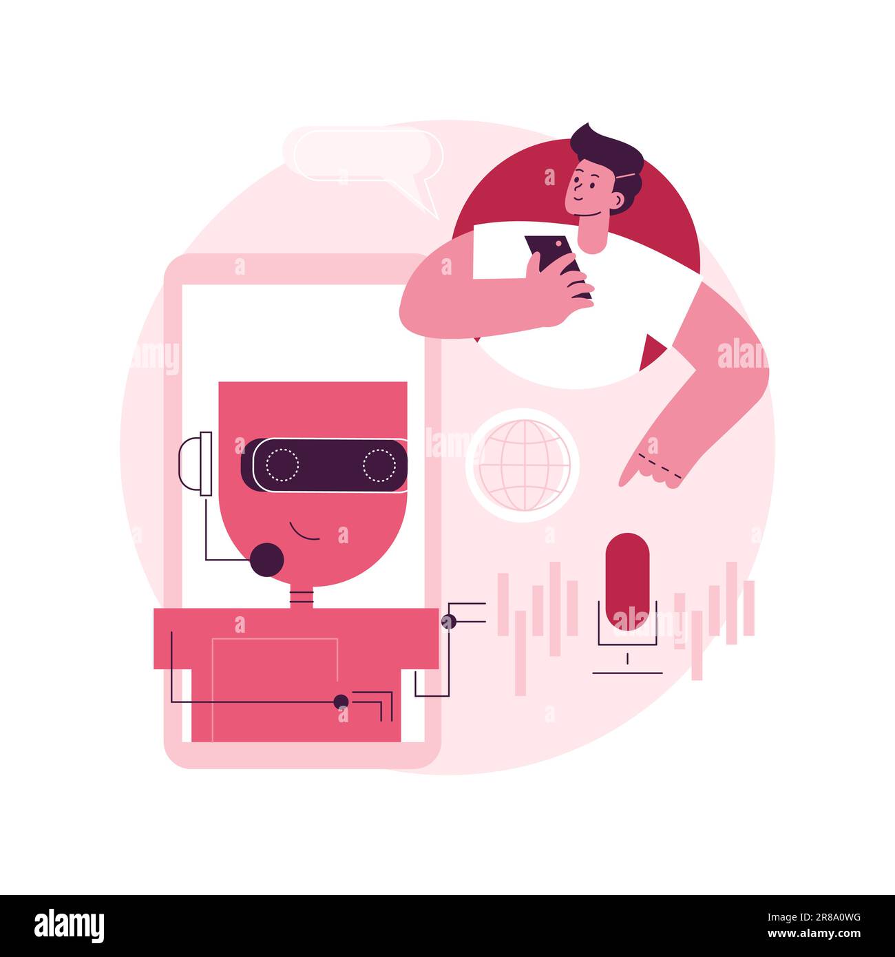 Chatbot Voice Controlled Virtual Assistant astratto concetto di illustrazione vettoriale. Assistente personale virtuale parlante, applicazione vocale smartphone, intelligenza artificiale, metafora astratta chatbot con controllo vocale. Illustrazione Vettoriale