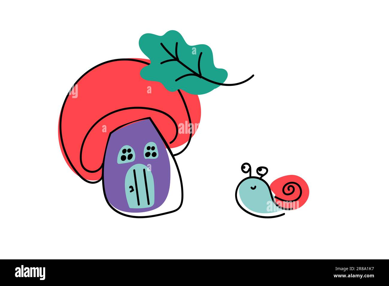 Allegra lumaca e casa di funghi per i bambini. Foglia di fungo. Simpatica illustrazione vettoriale isolata per stampa, abbigliamento, tessuto, carta da parati. Appartamento moderno disegno per bambini Illustrazione Vettoriale