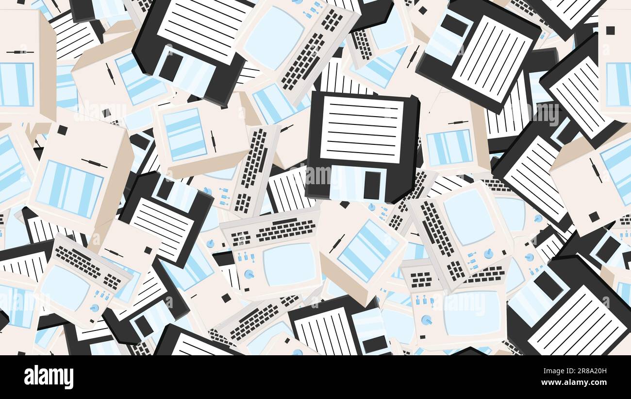 Computer senza interruzioni con vecchi computer retrò, pc e floppy disk hipster bianchi vintage da 70s, 80s, 90s isolati su sfondo bianco. Illustrazione Vettoriale