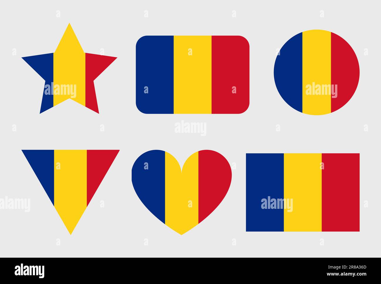 Icone vettoriali della bandiera della Romania insieme di illustrazioni a forma di cuore, stella, cerchio e mappa Illustrazione Vettoriale