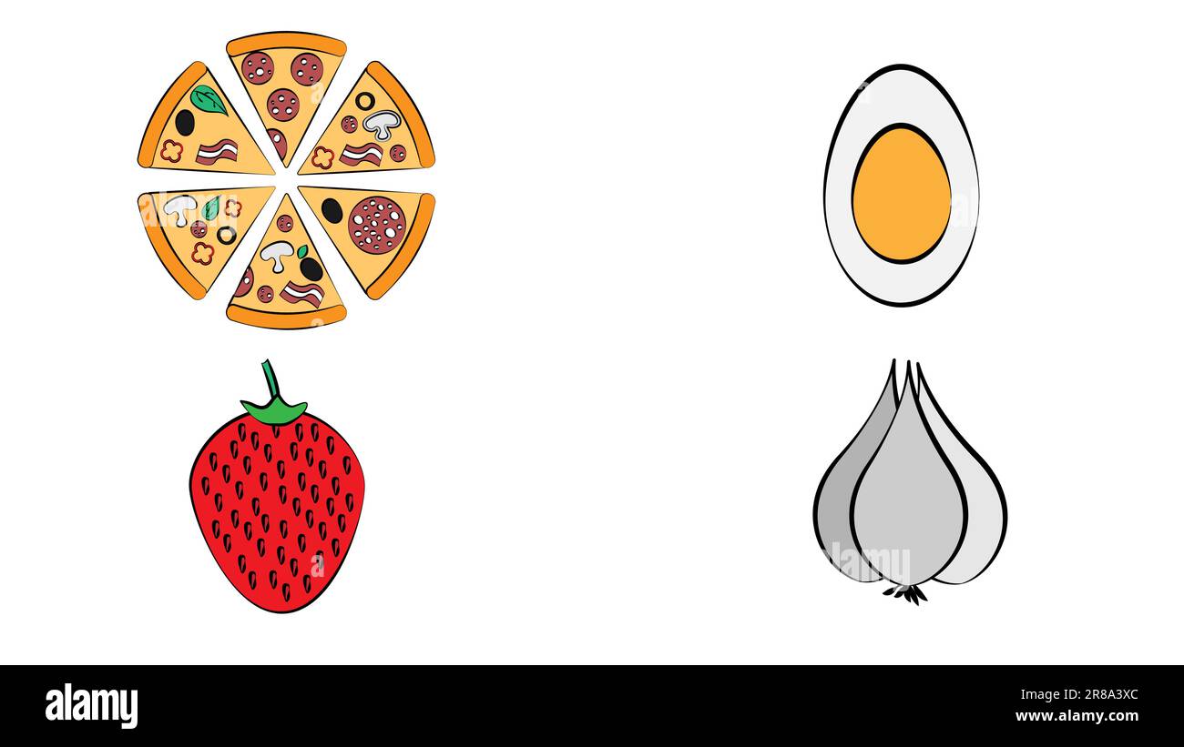 Un set di cibi e piatti disegnati a mano. Doodle raccolta di pasto. Illustrazione Vettoriale