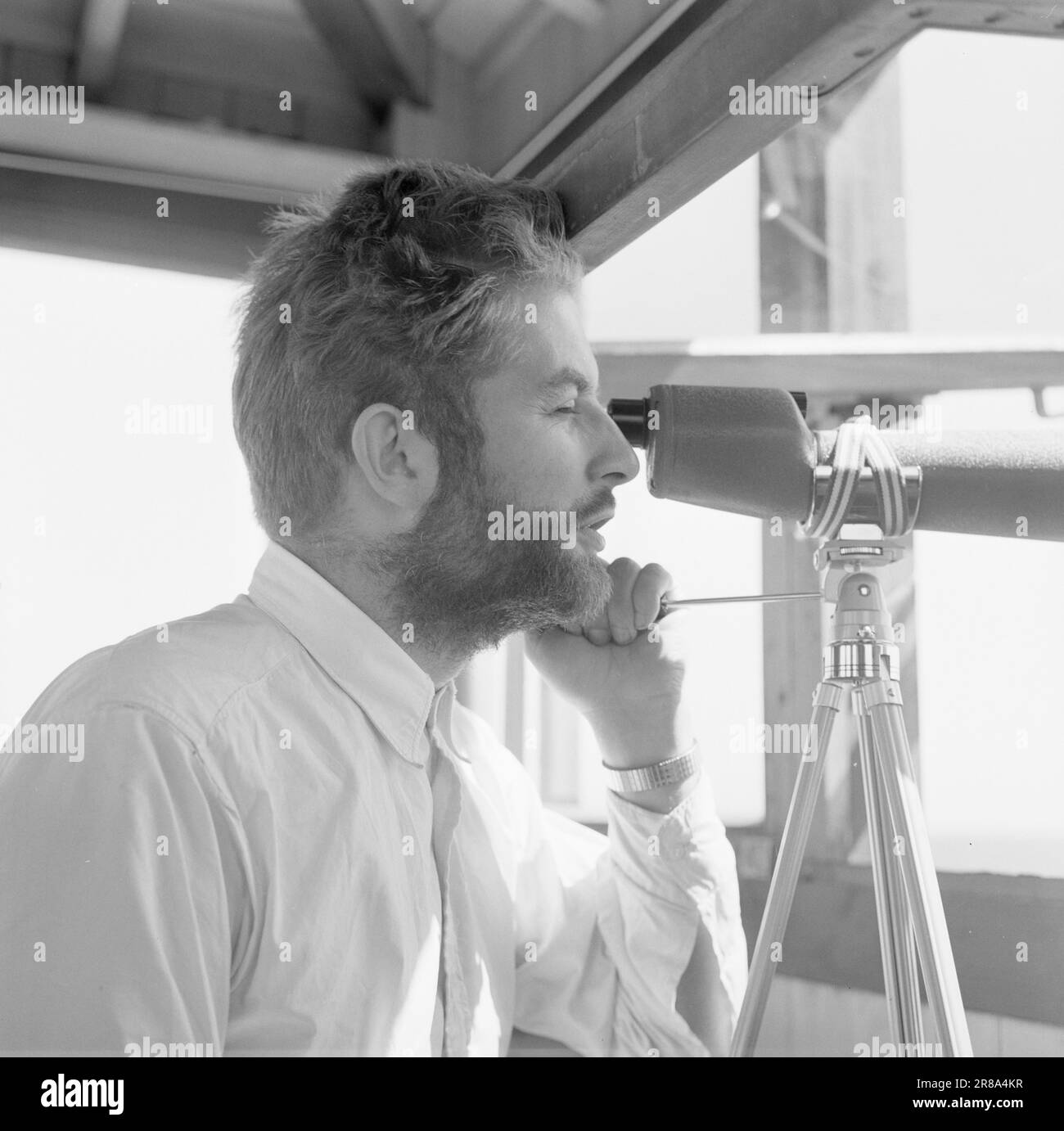 Attuale 29-6-1960: La sentinella solitaria abbiamo trovato un posto di lavoro strano. Giù là, un uomo che vive al suo posto cammina. Giorno e notte il nemico si aggirano, giorno e notte l'uomo solitario è in guardia - contro il fuoco della foresta. Stein Aanderaa, uno studente di teologia, ha un lavoro solitario di vacanza nella torre di guardia antincendio di Skgennungsåsen nelle foreste di Oslo. Alto e libero sopra le cime degli alberi, egli custodisce 5 miglia di foresta in tutte le direzioni. È in servizio 24 ore su 24. Foto: Aage Storløkken / Aktuell / NTB ***FOTO NON ELABORATA*** Foto Stock