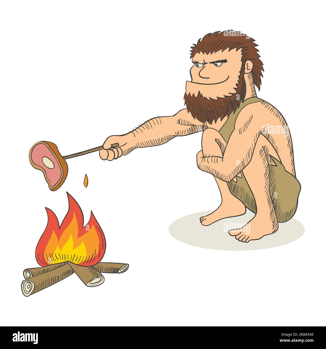 Illustrazione cartoon di un caveman che cucina carne sul fuoco Illustrazione Vettoriale