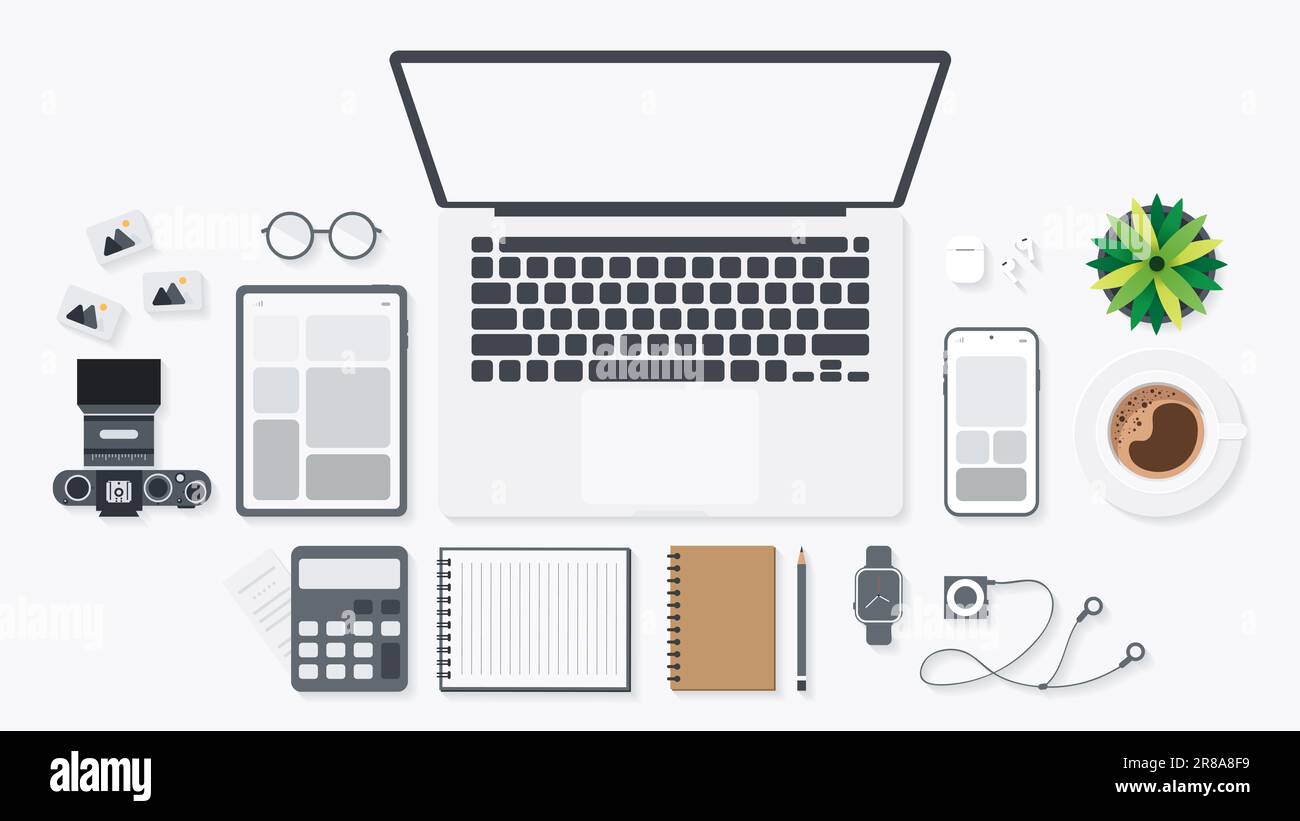 Copertina e banner della scrivania con gadget. Vista dall'alto del tavolo di lavoro e spazio libero per il testo con computer, computer portatile, notebook, caffè, telefono e. Foto Stock