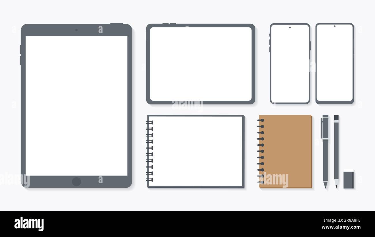 Copertina e banner della scrivania con gadget. Vista dall'alto del tavolo di lavoro e spazio libero per il testo con computer, computer portatile, notebook, caffè, telefono e. Foto Stock