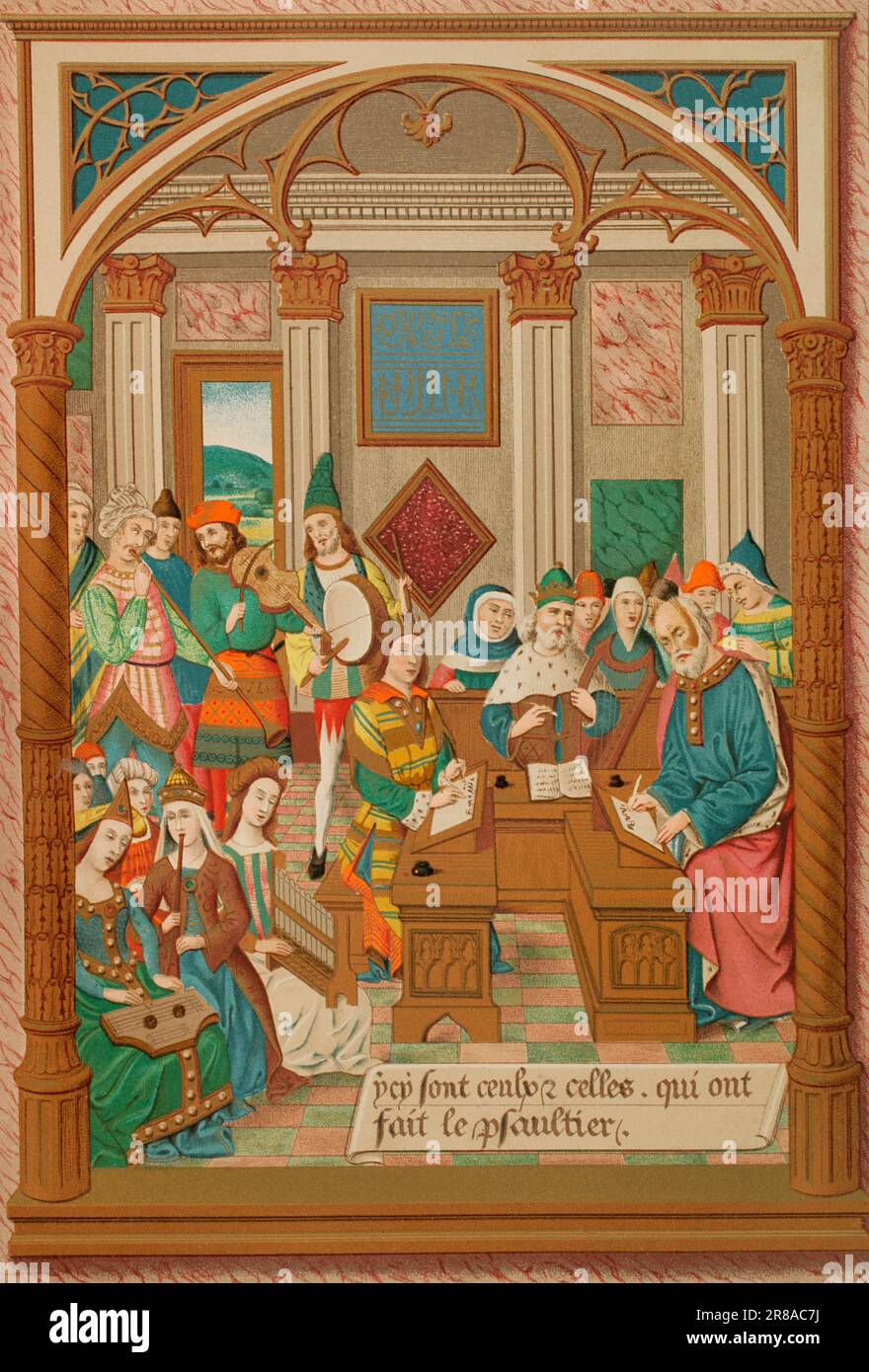 René i di Napoli (1409-1480). Re di Napoli, noto anche come René d'Angiò e buon re René (Bon Roi René in francese). Re René e la sua corte musicale. Chromolithography di Firmin Didot dopo una miniatura del 'Breviario del re René', 15th ° secolo. 'Les Arts au Moyen Age et a l'Epoque de la Renaissance', di Paul Lacroix. Parigi, 1877. Foto Stock