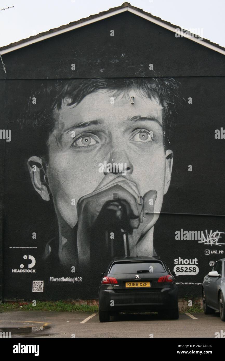 Ian Curtis mural, Manchester City Centre, Grater Manchester, Inghilterra, Regno Unito, REGNO UNITO. Foto Stock