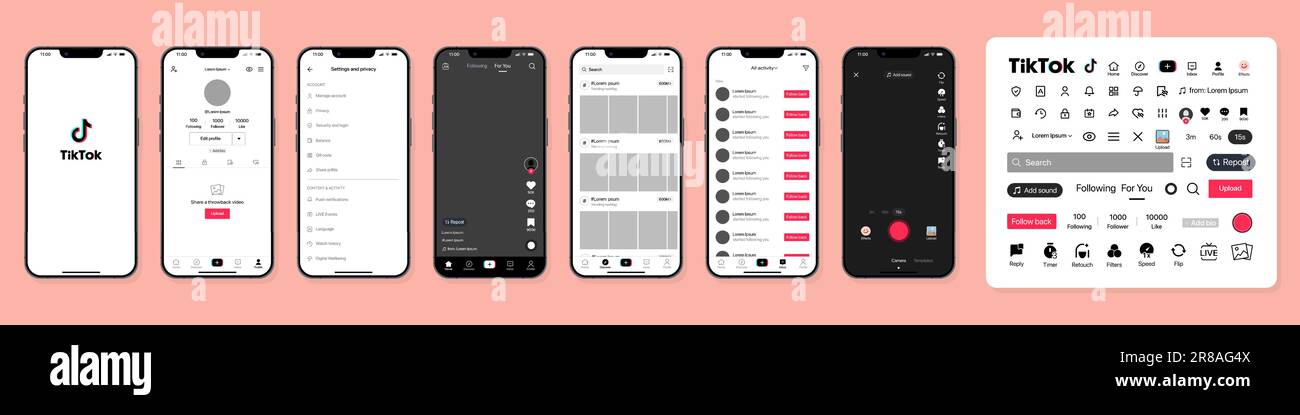Tiktok. Modello di interfaccia dell'app mobile Tik tok su Apple iPhone mockup. Modello di pagina mockup. Sfondo pastello. Illustrazione editoriale vettoriale. Illustrazione Vettoriale