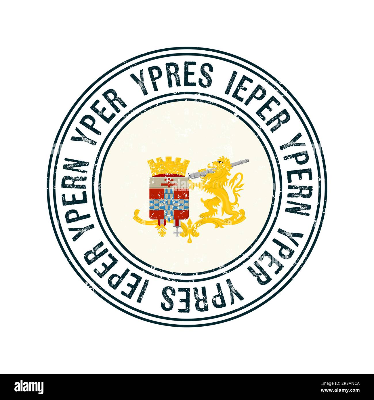 Ypres, Belgio, francobollo di gomma con grunge vettoriale cittadino su sfondo bianco Illustrazione Vettoriale