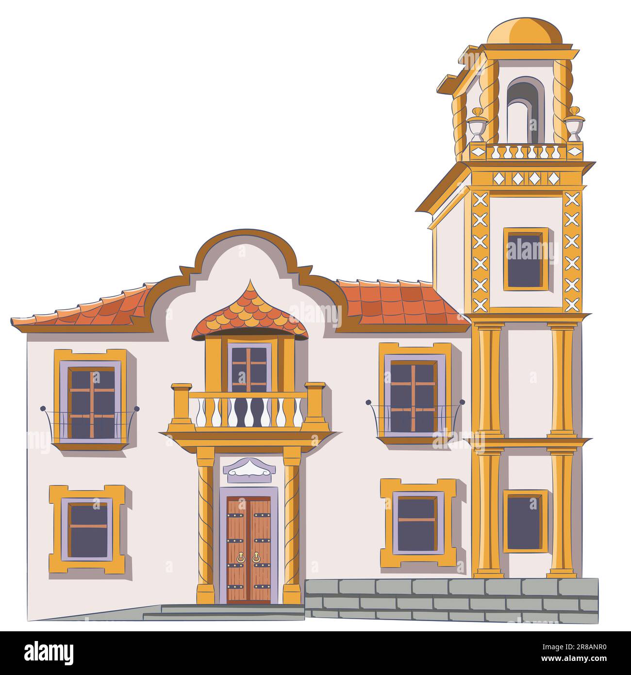 Tradizionale chiesa cattolica in pietra con un campanile nella città di Cadice. Spagna. Andalusia. Illustrazione Vettoriale