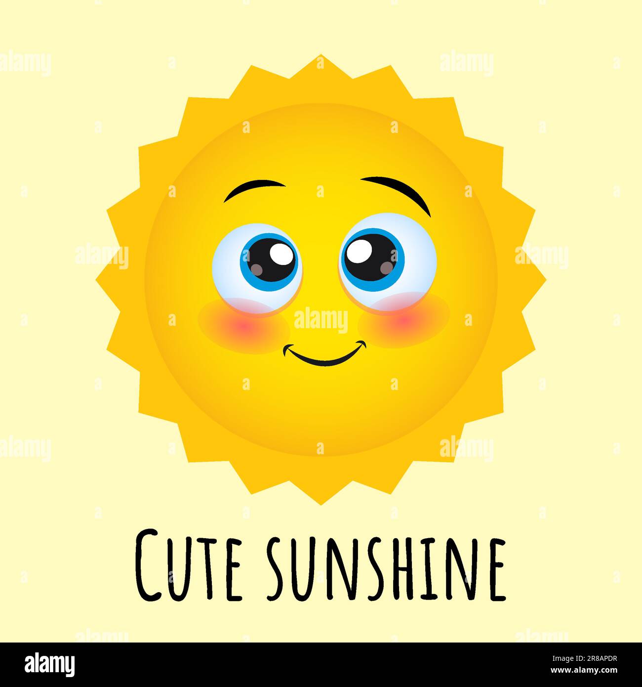 Simpatico simpatico piccolo sole illustrazione isolato su sfondo giallo chiaro. Simpatico personaggio dei cartoni animati del sole. Sole estivo con gli occhi, simpatica illustrazione del bambino Illustrazione Vettoriale