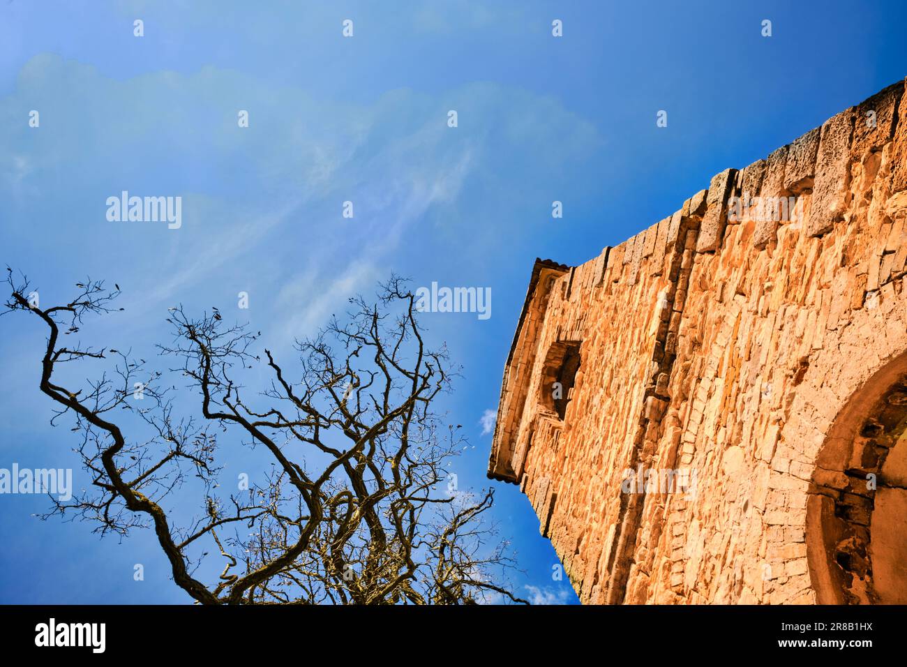 Rovine di un'antica chiesa abbandonata campanile in pietra e di un albero secco sotto un cielo blu in una giornata di sole. Testimone del decadimento rurale. Foto Stock