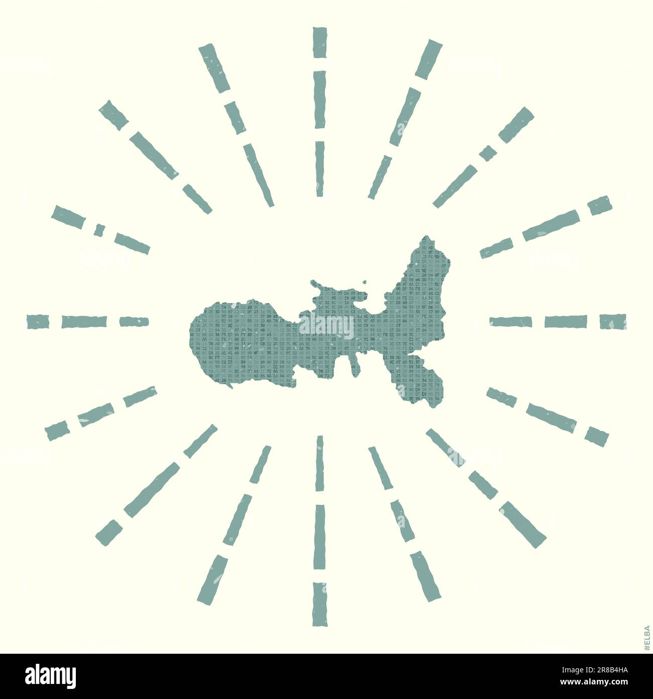 Logo Elba. Grunge sunburst poster con mappa dell'isola. Forma dell'Elba piena di cifre esadecimali con raggi di sole intorno. Elegante illustrazione vettoriale. Illustrazione Vettoriale