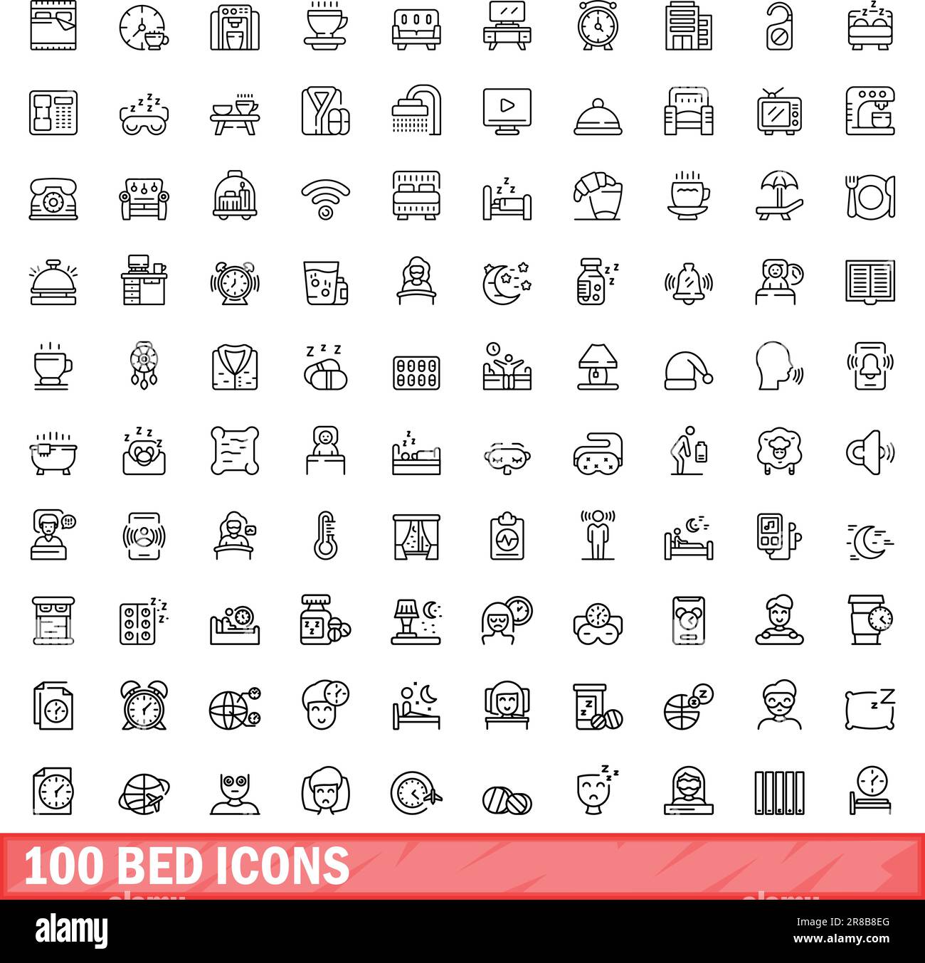 set di 100 icone letto. Illustrazione di 100 icone del letto insieme di vettori isolato su sfondo bianco Illustrazione Vettoriale