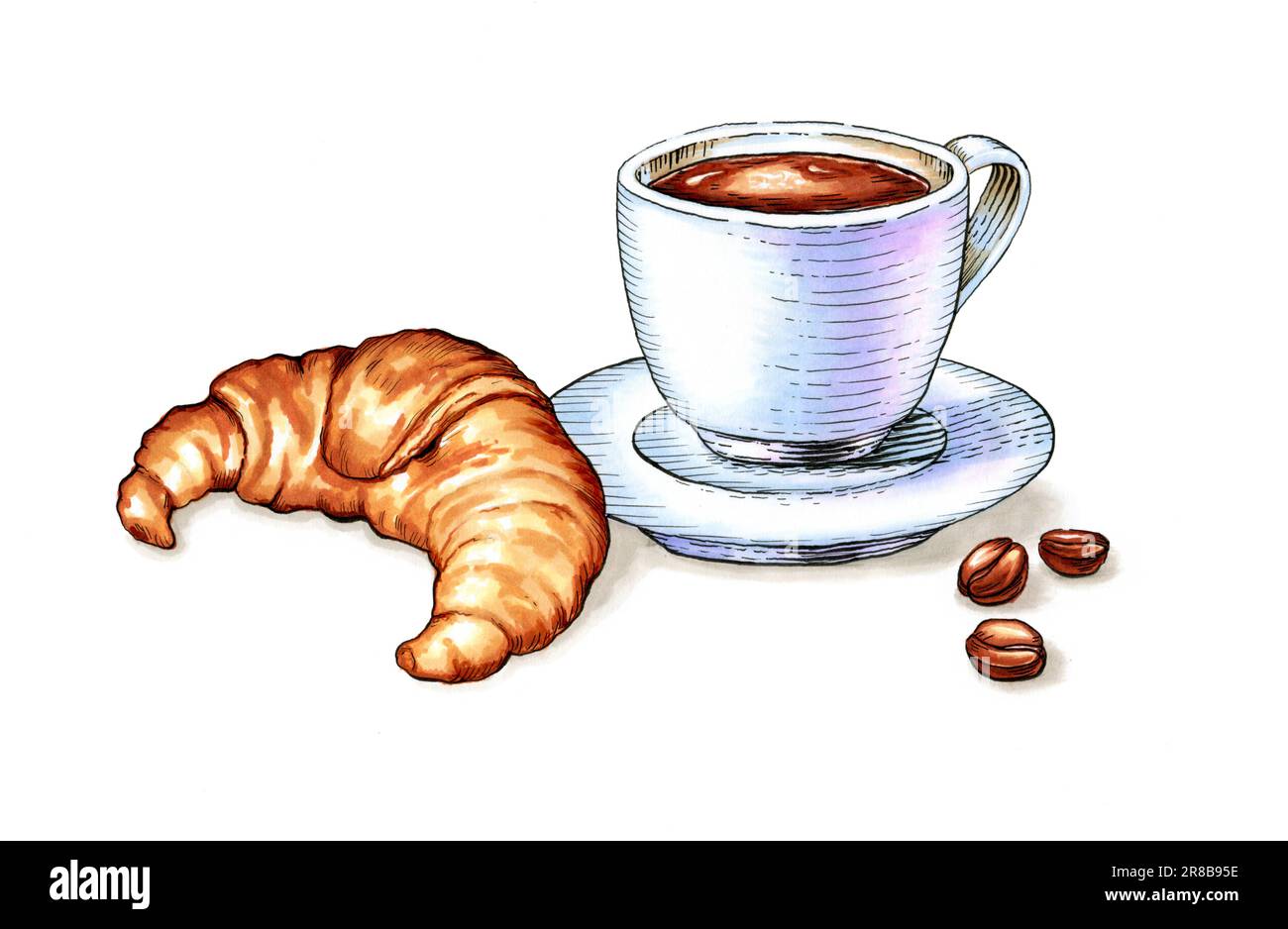 Tazza di caffè con croissant e alcuni chicchi di caffè. Illustrazione tradizionale su carta. Foto Stock
