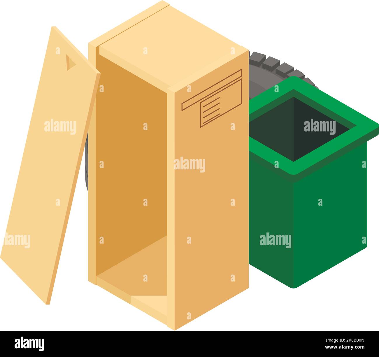 Icona riciclaggio rifiuti vettore isometrico. Pneumatico auto usurato e scatola di pastiglie vicino dumpster. Concetto di riciclaggio, rifiuti industriali Illustrazione Vettoriale