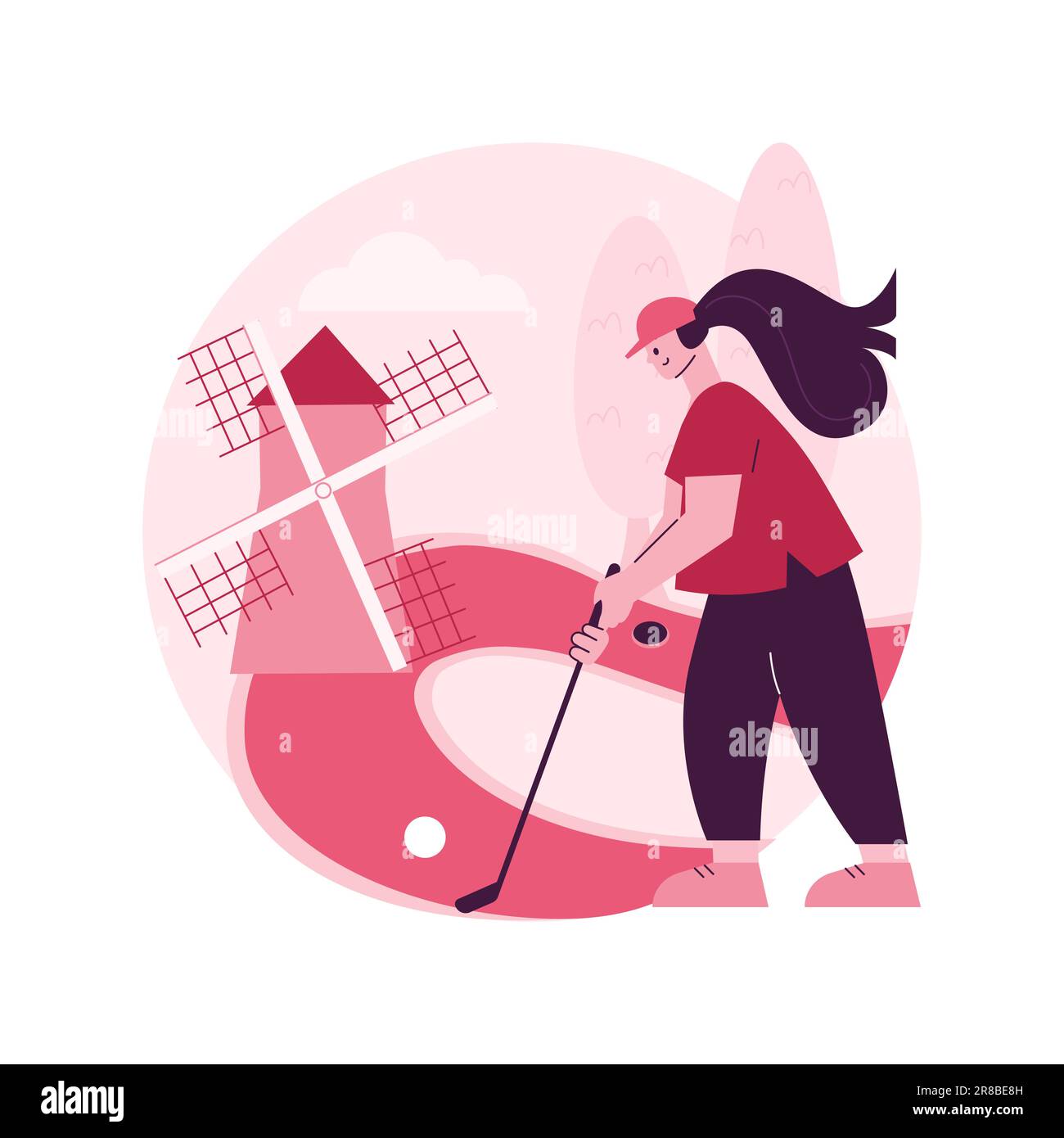 Illustrazione vettoriale del concetto astratto di golf. Campionato del mondo di mini golf, ricreazione all'aperto, torneo di club country, noleggio attrezzatura, servizio di addestramento personale, stile di vita attivo metafora astratta. Illustrazione Vettoriale
