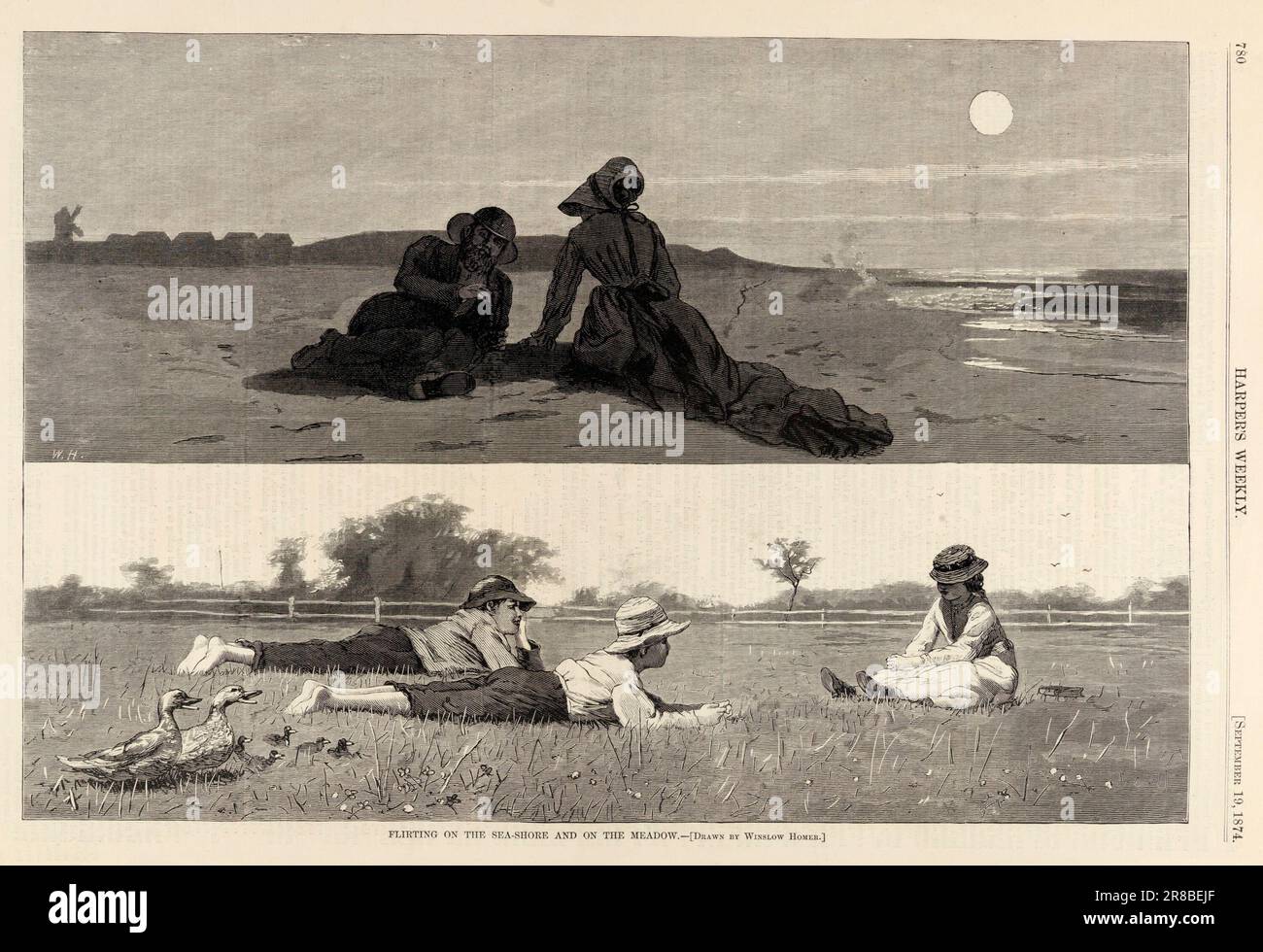 Flirting on the Sea-Shore and on the Meadow, from Harper's Weekly, September 19, 1874 1874 by Winslow Homer, nato Boston, ma 1836-Ded Prout's Neck, ME 1910 Foto Stock