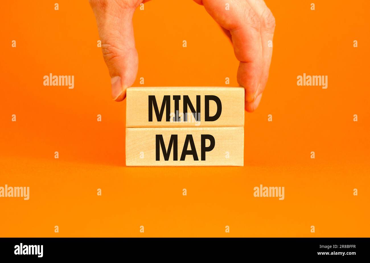 Simbolo della mappa mentale. Concetto parole mente mappa su blocchi di legno su una bella tavola arancione sfondo arancione. Mano uomo d'affari. Business, supporto, motivatio Foto Stock