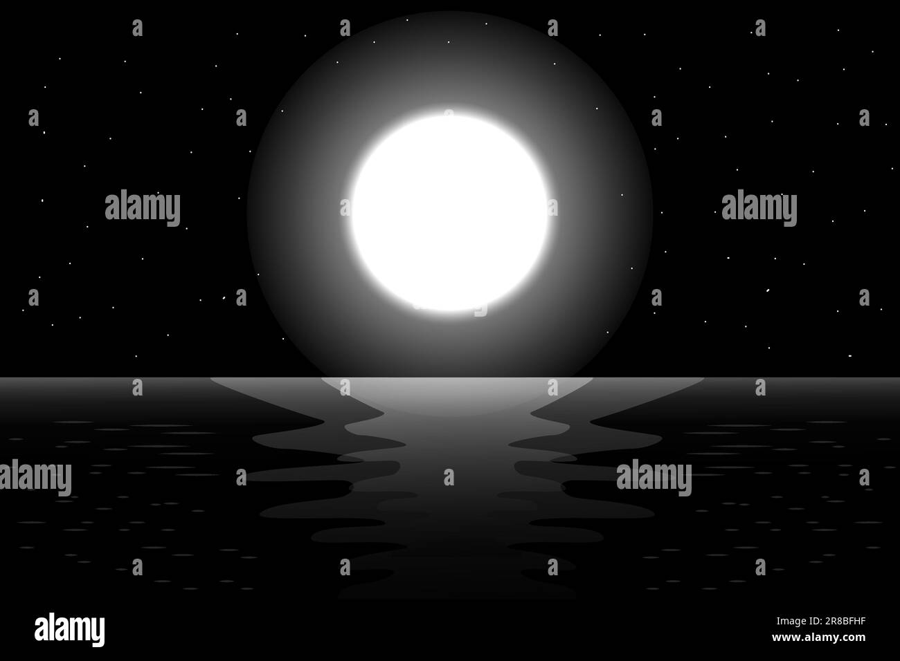 vista sulla luna piena di notte sul mare. illustrazione del poster del banner di sfondo lunare Illustrazione Vettoriale