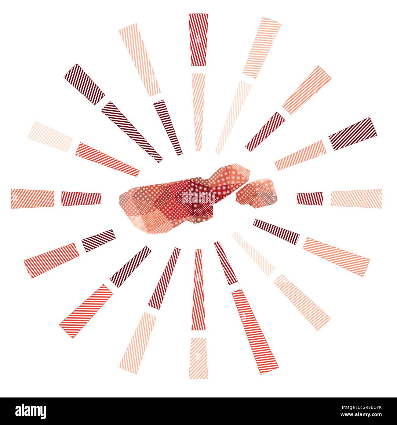 Isola Madre de Dios sunburst. Basso poli strisce raggi e mappa dell'isola. Attraente illustrazione vettoriale. Illustrazione Vettoriale