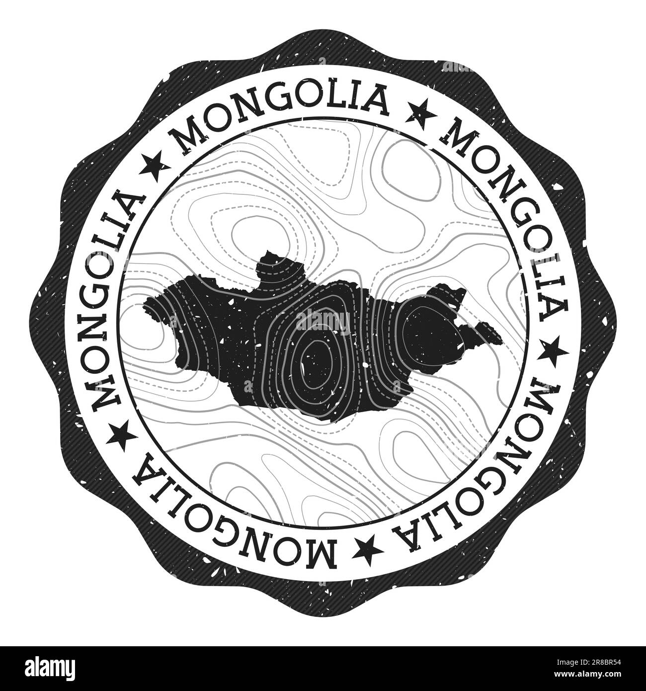 Bollo per esterni della Mongolia. Adesivo rotondo con mappa del paese con isolini topografici. Illustrazione vettoriale. Può essere utilizzato come insegna, logotipo, etichetta, st Illustrazione Vettoriale