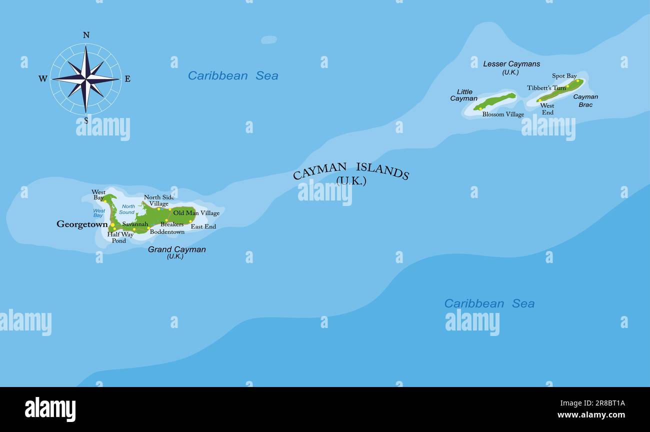 Mappa fisica altamente dettagliata delle isole Cayman in formato vettoriale, con tutte le forme di rilievo, regioni e grandi città. Illustrazione Vettoriale