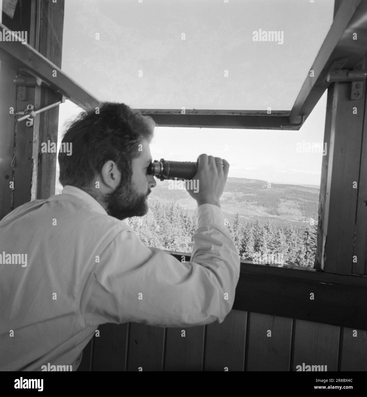 Attuale 29-6-1960: La sentinella solitaria abbiamo trovato un posto di lavoro strano. Giù là, un uomo che vive al suo posto cammina. Giorno e notte il nemico si aggirano, giorno e notte l'uomo solitario è in guardia - contro il fuoco della foresta. Stein Aanderaa, uno studente di teologia, ha un lavoro solitario di vacanza nella torre di guardia antincendio di Skgennungsåsen nelle foreste di Oslo. Alto e libero sopra le cime degli alberi, egli custodisce 5 miglia di foresta in tutte le direzioni. È in servizio 24 ore su 24. Foto: Aage Storløkken / Aktuell / NTB ***FOTO NON ELABORATA*** Foto Stock