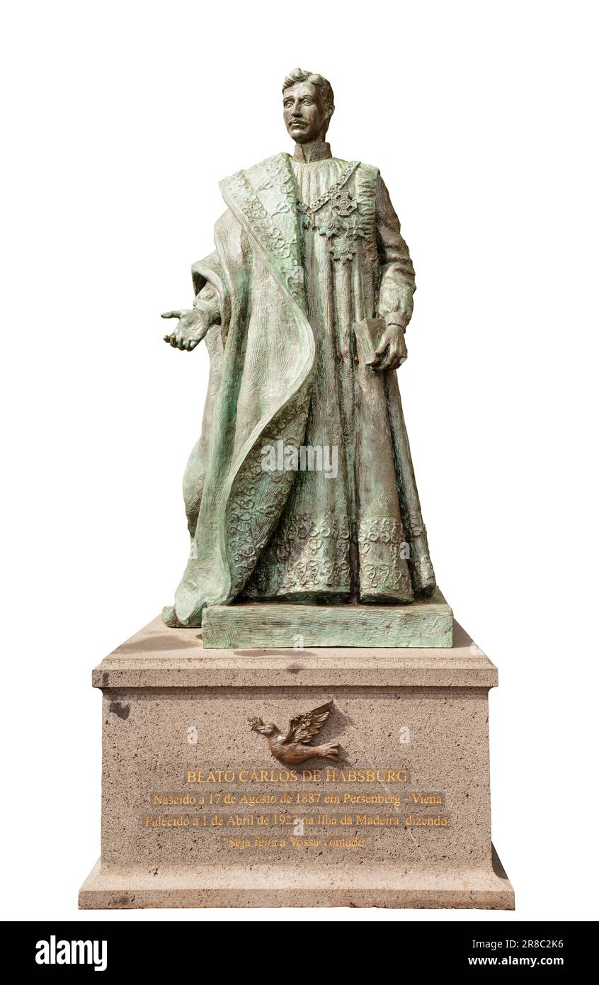 Statua di Beato Carlos de Habsburg di Augusto Cid, tagliata su bianco Foto Stock