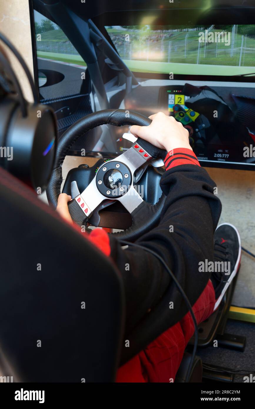 Mani di un uomo su un volante, mentre gioca un gioco di corse Foto Stock