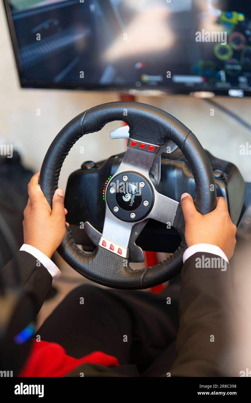 Mani di un uomo su un volante, mentre gioca un gioco di corse Foto Stock