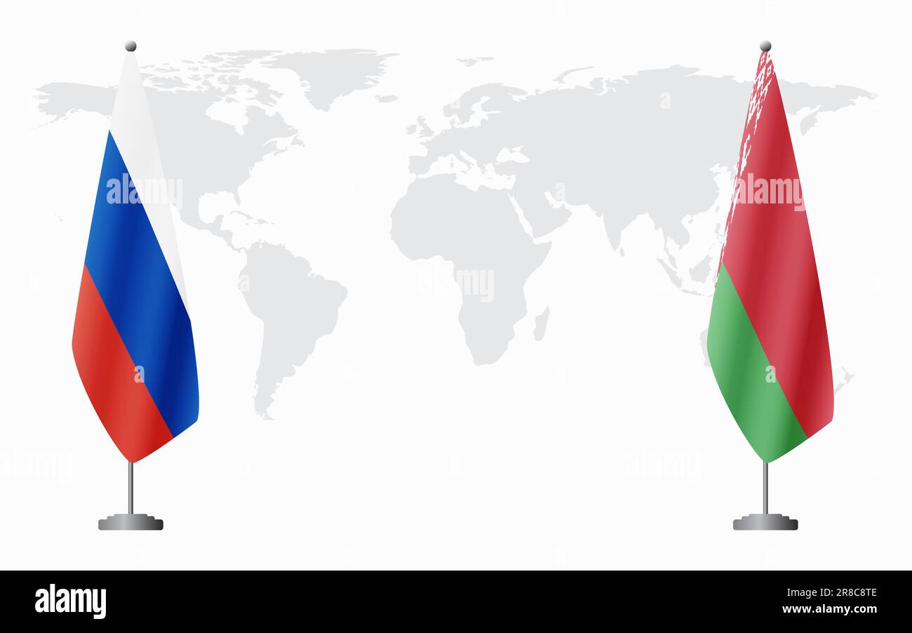 Bandiere russe e bielorusse per un incontro ufficiale sullo sfondo della mappa mondiale. Illustrazione Vettoriale