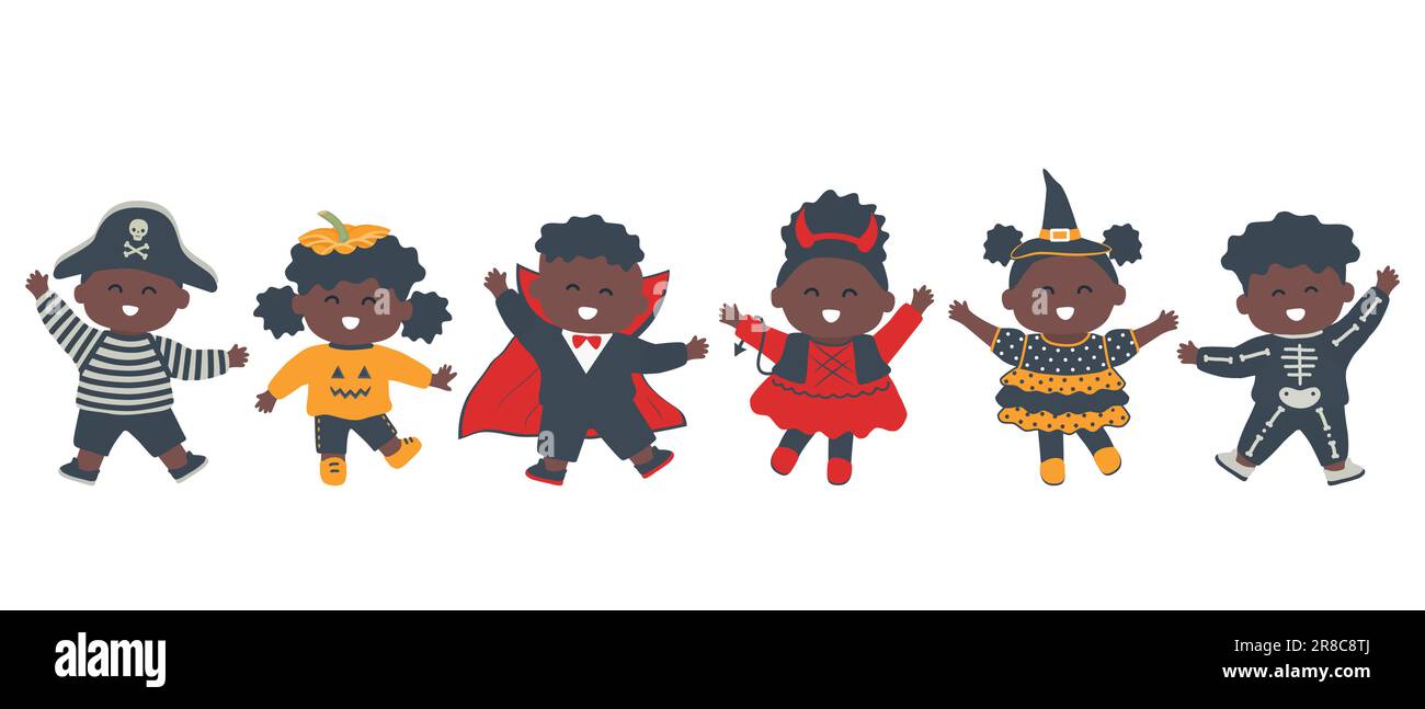 Festa per bambini di Halloween. I bambini neri cute ballano in costumi di Halloween. Strega, pirata, zucca, vampiro, imp e scheletro nell'immagine. Vettore Illustrazione Vettoriale