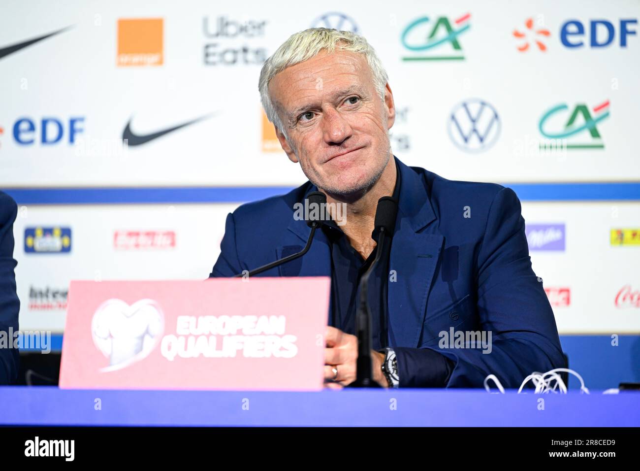 Parigi, Francia. 19th giugno, 2023. L'allenatore francese Didier Deschamps durante una conferenza di Pres della partita di calcio dei qualificatori europei UEFA euro 2024 tra Francia e Grecia il 19 giugno 2023 allo Stade de France a Saint-Denis, Francia. Credit: Victor Joly/Alamy Live News Foto Stock