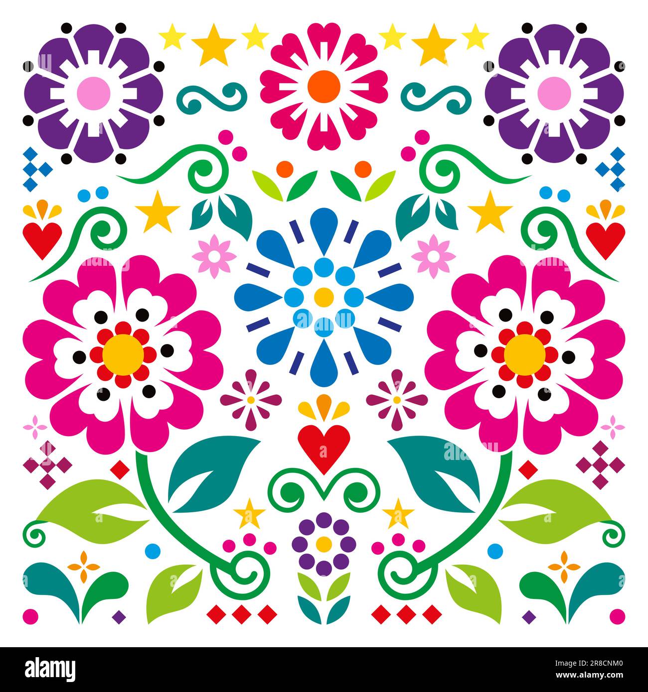 Design quadrato vettoriale in stile messicano retrò con cuori e fiori, vivace arte popolare - perfetto per biglietti d'auguri o invitati a nozze Illustrazione Vettoriale