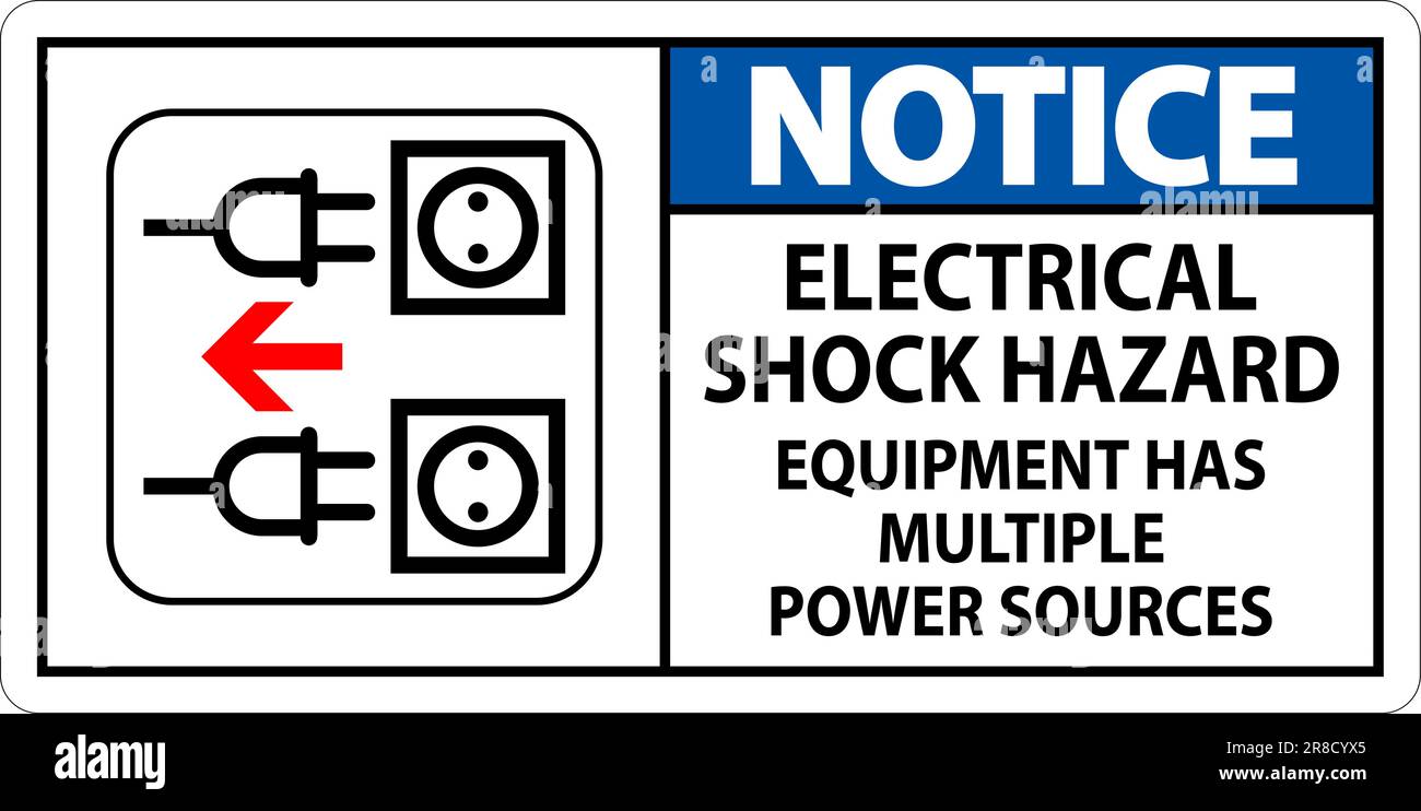 Cartello segnalo pericolo di scosse elettriche, l'apparecchiatura ha più fonti di alimentazione Illustrazione Vettoriale