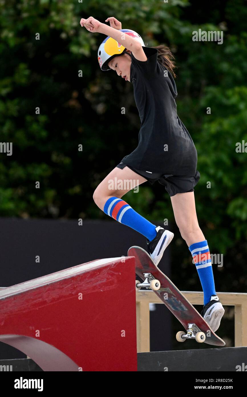 Roma, Italia. 21st giugno, 2023. Treni Ginwoo Onodera del Giappone durante il World Skateboarding Tour Roma Street 2023 a Roma, parco Colle Oppio, 20th giugno 2023. Credit: Insidefoto di andrea staccioli/Alamy Live News Foto Stock