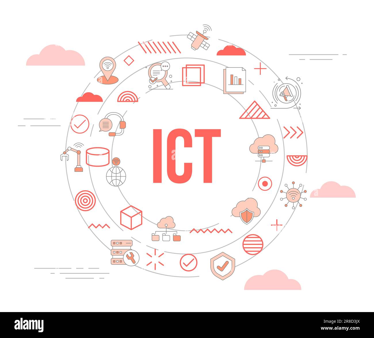 concetto di tecnologia dell'informazione e della comunicazione ict con banner modello con set di icone e illustrazione di forma circolare Foto Stock