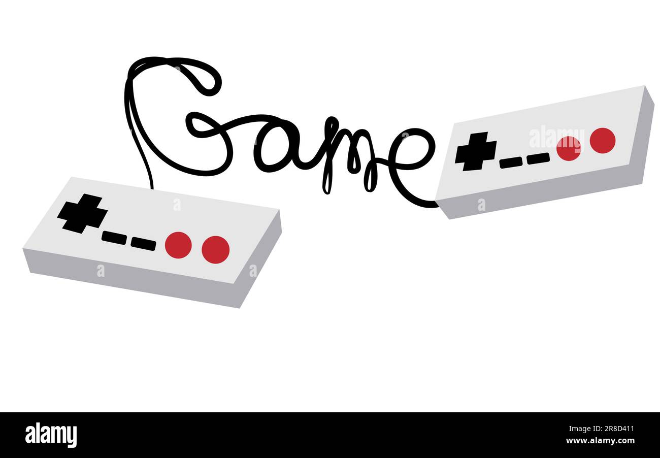 Due vecchi joystick retrò in bianco e nero che manipolano le console degli anni '80, '90 per le console di videogiochi e il gioco di iscrizione scritto da Wire Illustrazione Vettoriale