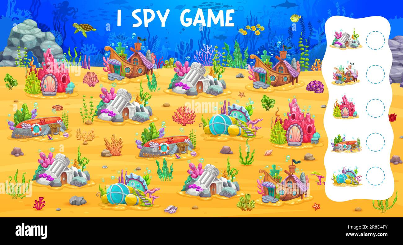 Gioco di spie. Case subacquee da favola. Gioco di conteggio dei bambini, i bambini si oppongono alla ricerca di un puzzle vettoriale con barriera corallina, rovine del castello, sottomarino sommerso e abitazioni delle fate delle navi Illustrazione Vettoriale