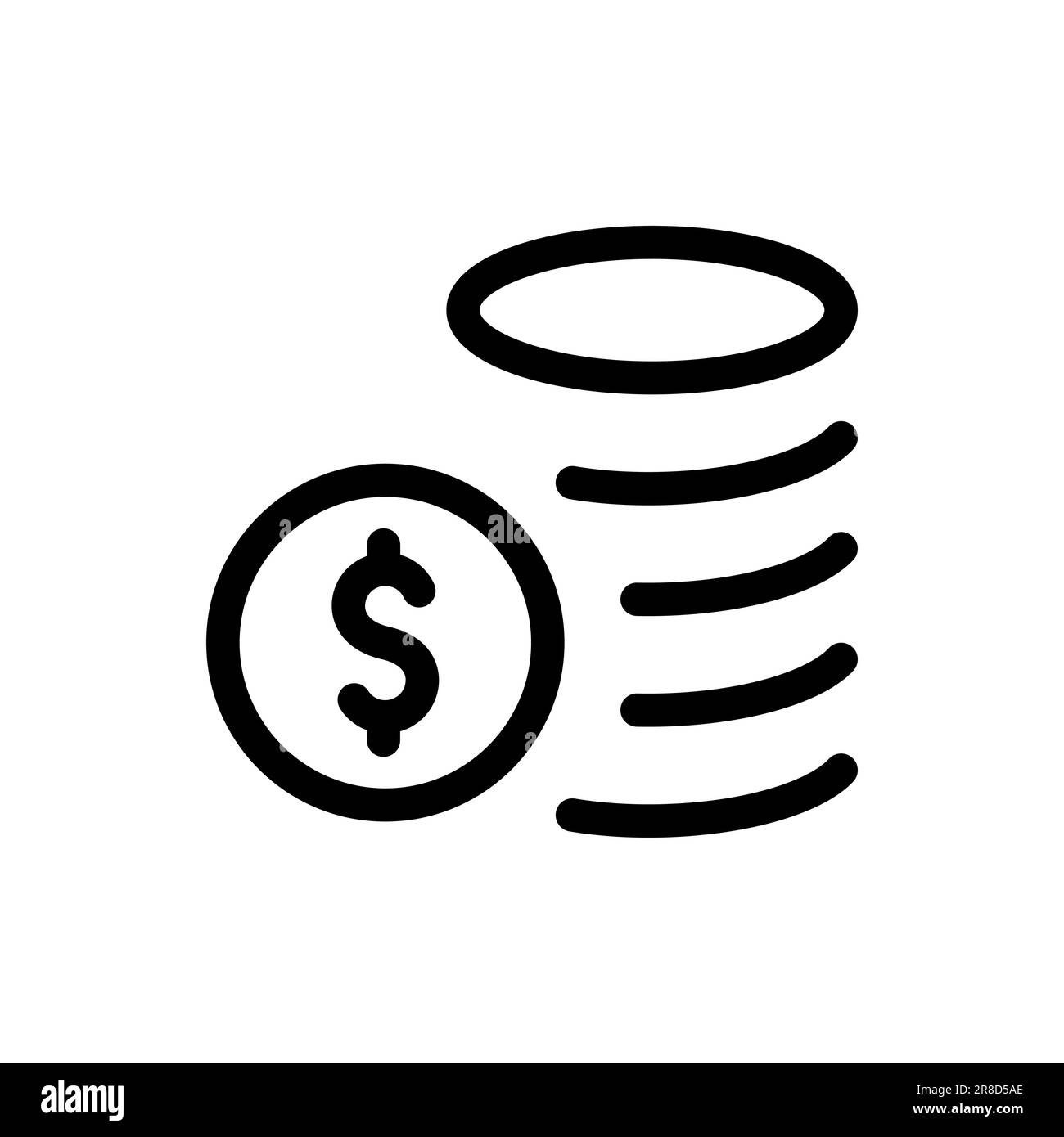 Contorno pila di monete e simbolo del dollaro. Icona del logo Cash isolata su sfondo bianco. Simbolo di soldi di linea per disegno di Web site. Finanza Illustrazione Vettoriale