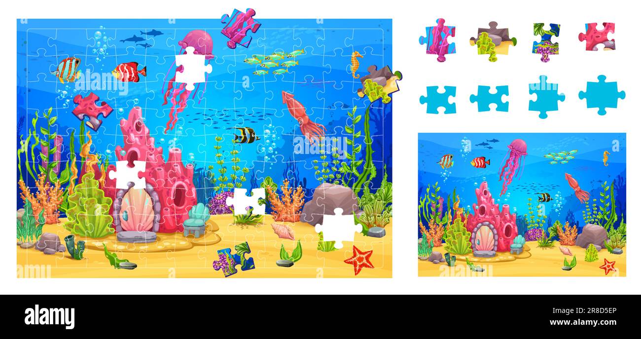 Puzzle puzzle di paesaggi sottomarini. Casa della barriera corallina e pesci tropicali. Quiz di ricerca dei moduli, foglio di lavoro vettoriale puzzle con meduse, calamari, stelle marine, alghe e dimora fantasy Illustrazione Vettoriale