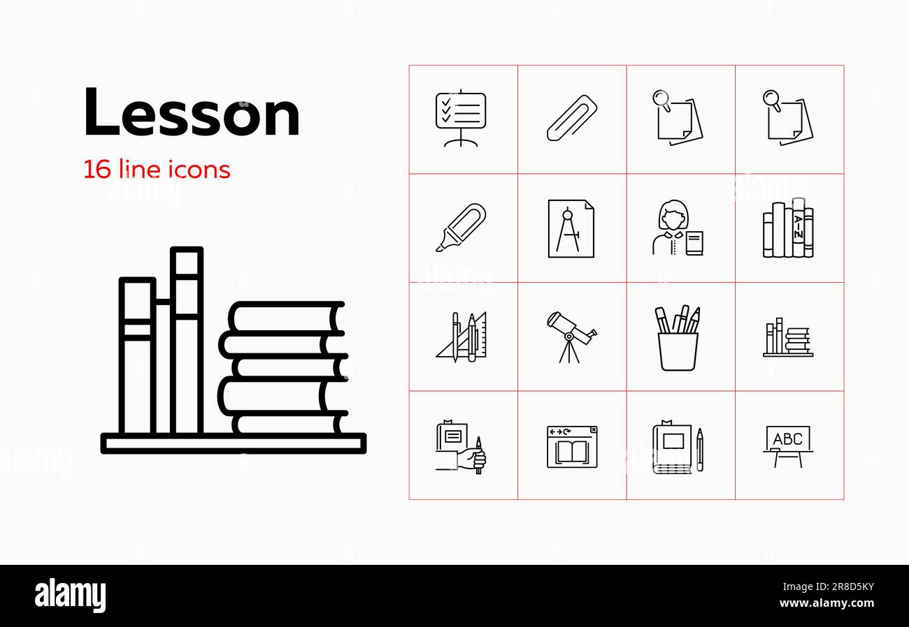 Icone delle lezioni. Serie di icone di linea. Insegnante, fisso, lavagna, libri di testo. Concetto di istruzione. L'illustrazione vettoriale può essere utilizzata per argomenti come Illustrazione Vettoriale