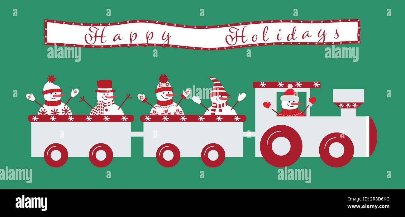 Treno natalizio con pupazzi di neve. Poster "Happy Holidays". Modello per biglietto d'auguri. Illustrazione vettoriale Illustrazione Vettoriale