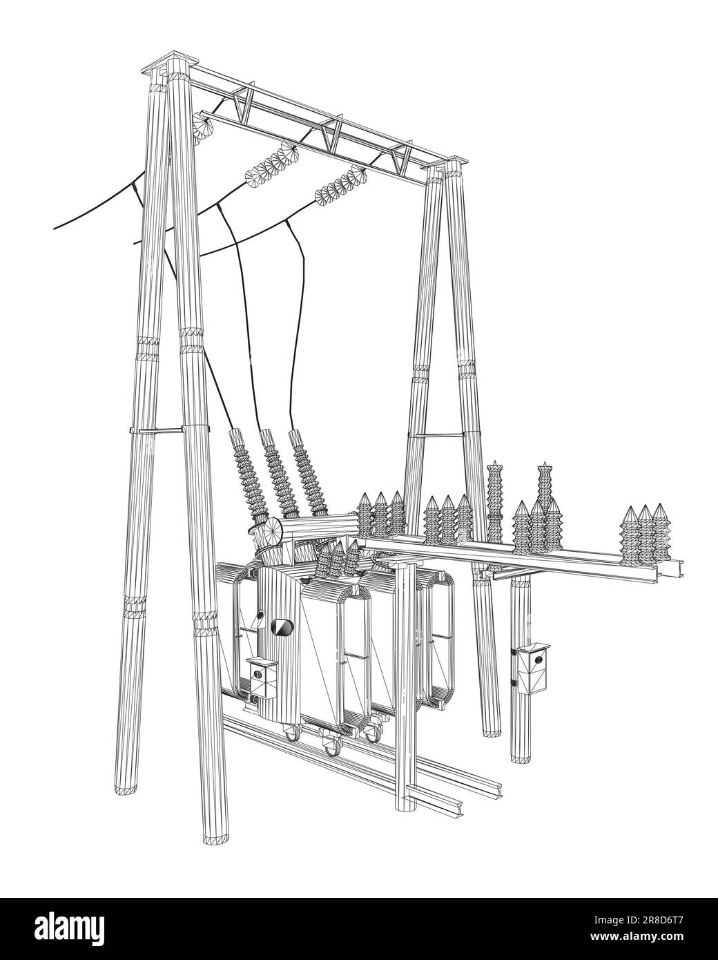 Sottostazione trasformatore elettrico a reticolo. Sottostazione della rete elettrica - illustrazione vettoriale. Sottostazione elettrica. Il trasformatore ad alta tensione e l'interruttore Illustrazione Vettoriale